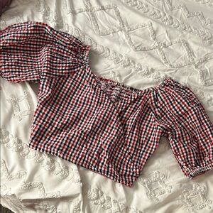 Red and Blue Gingham Puff Sleeve Crop Top